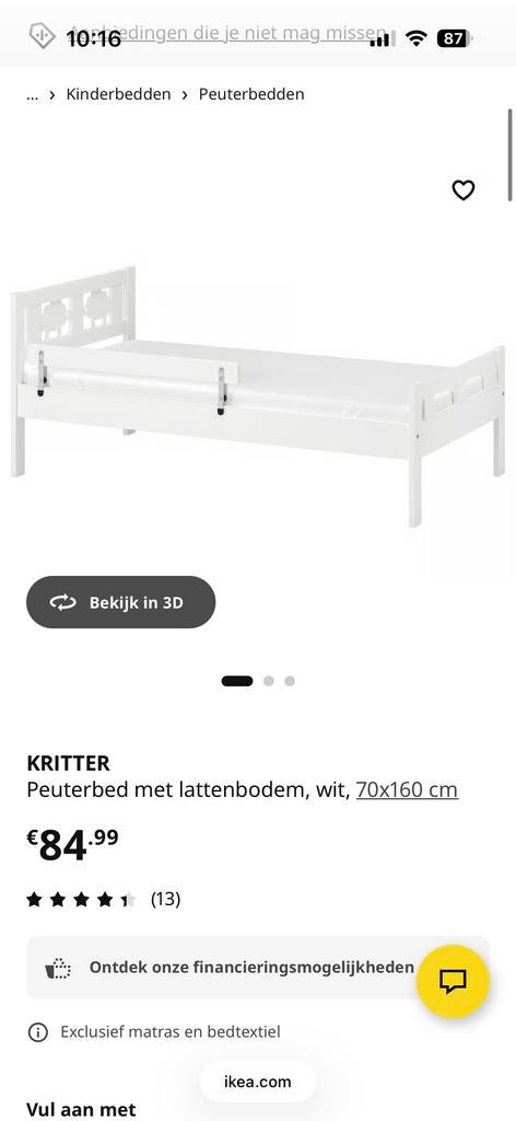 IKEA peuterbed KRITTER met zijsteun, lattenbodem en matras, Gebruikt, 70 tot 85 cm, 160 tot 180 cm, Ophalen