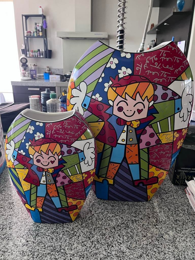 Set van 2 kleurrijke vazen in Romero Britto-stijl, Antiek en Kunst, Ophalen