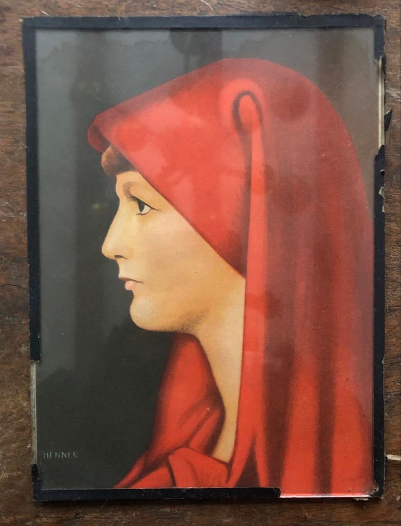 Antieke print 'Vrouw met rode kap' door Henner, Gebruikt, Ophalen of Verzenden, Voor 1940, Prent