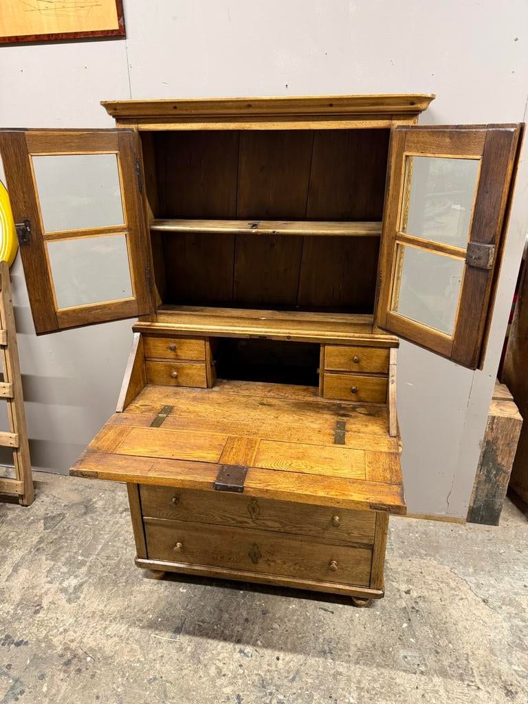 Antiek eiken klepbureau kast met 3 laden, Ophalen, M, Zo goed als nieuw, M