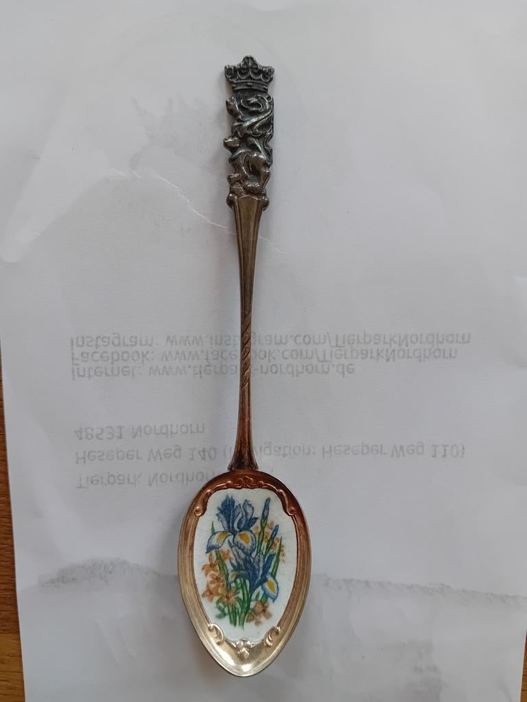 Lepeltje met leeuw en kroon en emaille bloemen, Ophalen of Verzenden