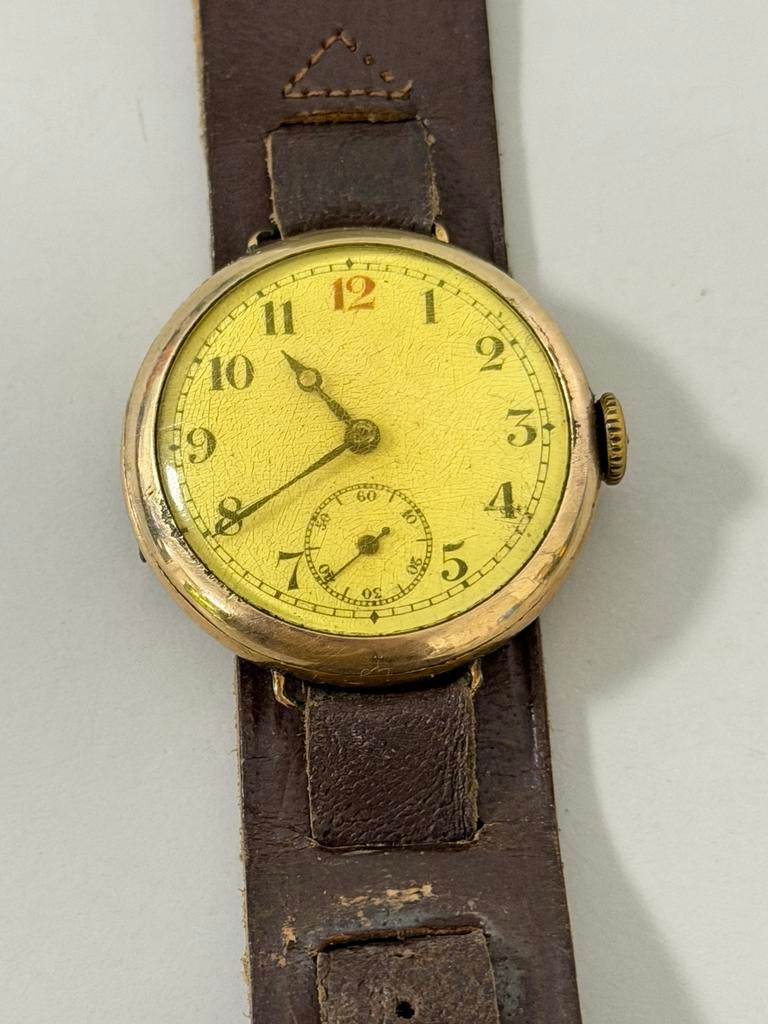 Antiek Trench Horloge 1910-1920-1930 Leder Heren verguld, Overige merken, 1900 tot 1930, Polshorloge, Ophalen of Verzenden