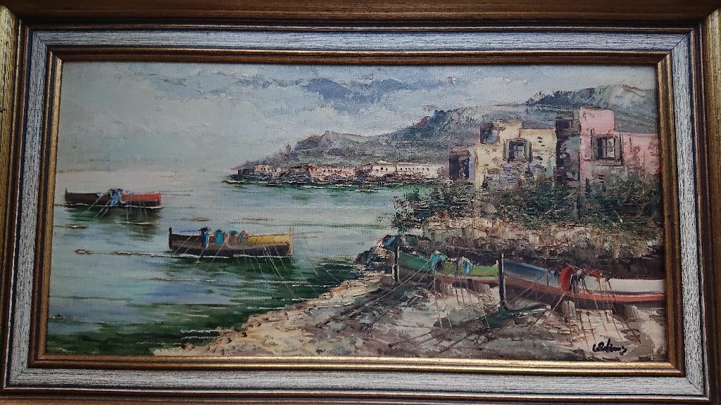 SCHILDERIJ 70x 40,5 cm ''vissersdorpje, Amalfi-kust' gesign., Antiek en Kunst, Ophalen of Verzenden