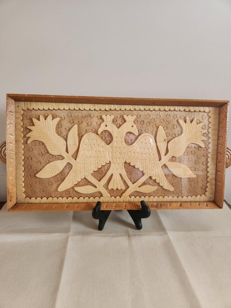 Vintage Dienblad Handgesneden Houtsnijwerk (2), Ophalen of Verzenden, Rechthoekig, Hout