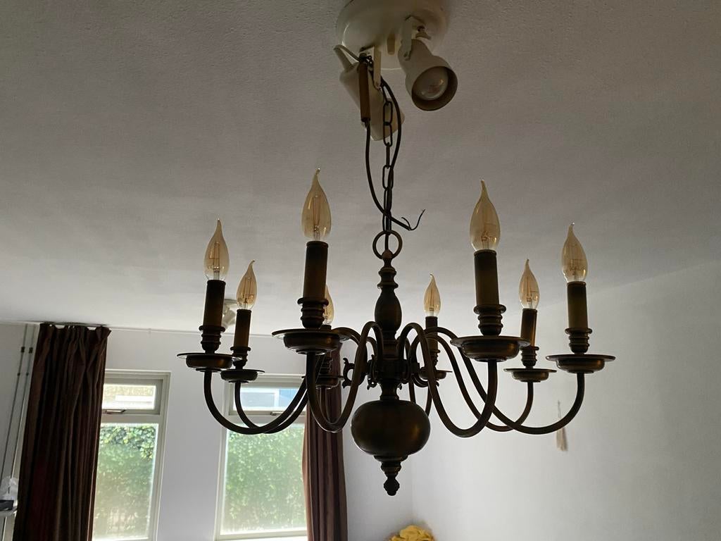 Klassieke hanglamp met 8 lichtpunten, Huis en Inrichting, Lampen | Hanglampen, Ophalen of Verzenden, Gebruikt, Metaal, 50 tot 75 cm