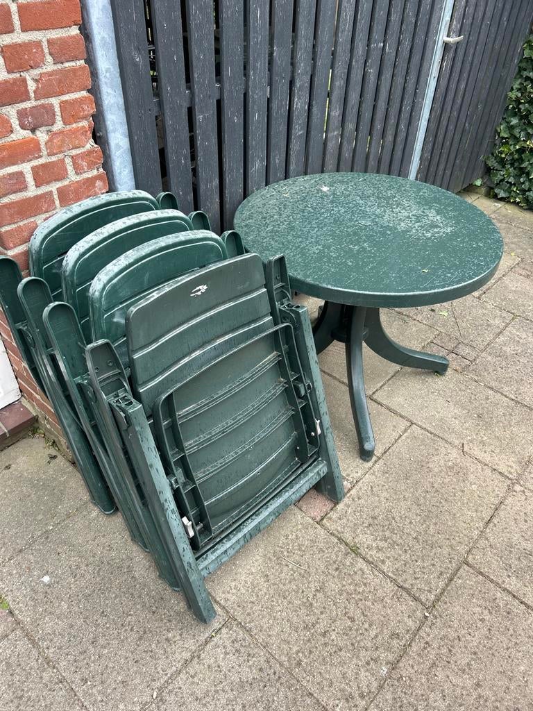 Groene tuinset, Tuin en Terras, Tuinsets en Loungesets, Ophalen, Kunststof, Gebruikt, Eettafel