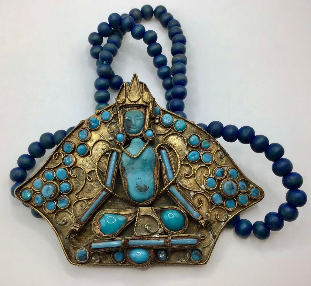 Vintage ketting Tibetaans Nepal hanger Boeddha turquoise, Verzenden, Overige materialen, Hanger