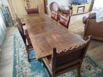 Antieke eikenhouten eettafel, 6 met leer beklede stoelen, Ophalen, Gebruikt, Eikenhout, 200 cm of meer