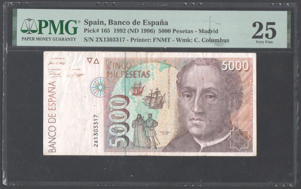 Spanje 5000 Pesetas 1992 PMG Graded 25, Verzenden, Overige landen, Los biljet