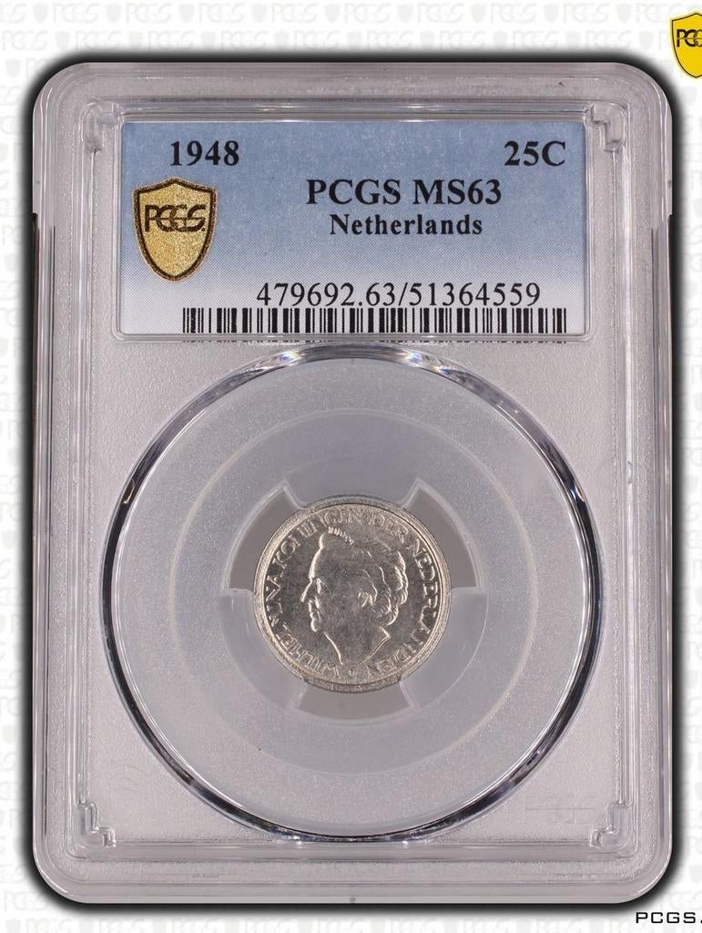 25 cent 1948 Wilhelmina - PCGS MS63, Postzegels en Munten, Munten | Nederland, Ophalen of Verzenden, Koningin Wilhelmina, 25 cent