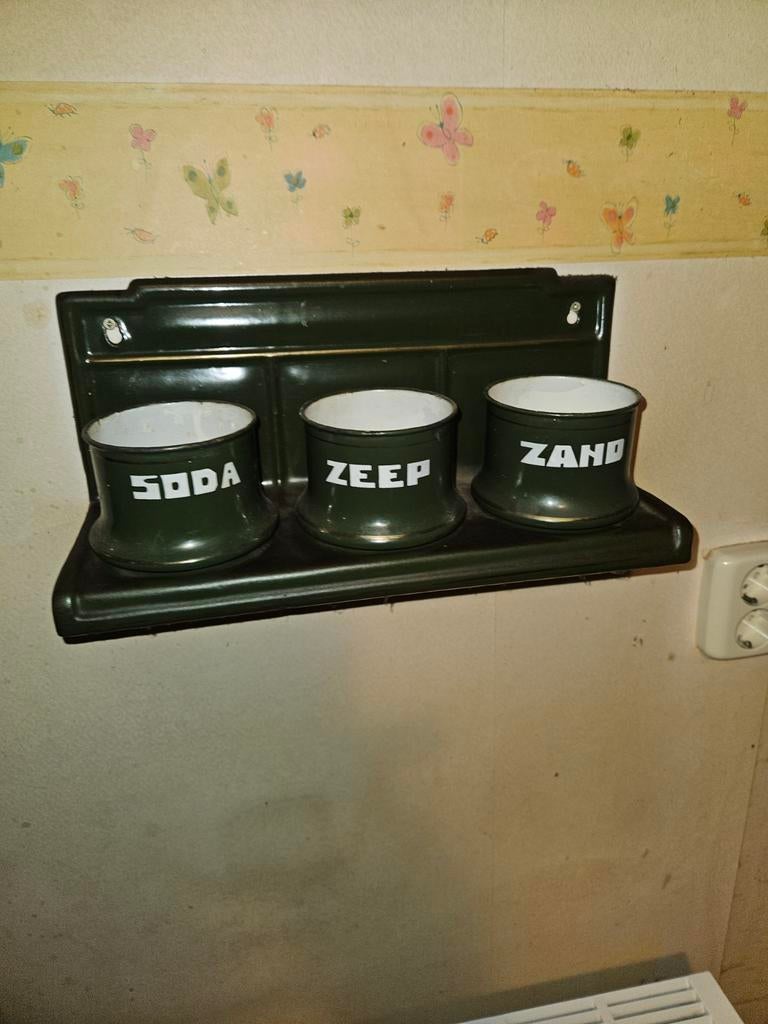 vintage donkergroen emaille keuken benodigheden, Antiek en Kunst, Ophalen