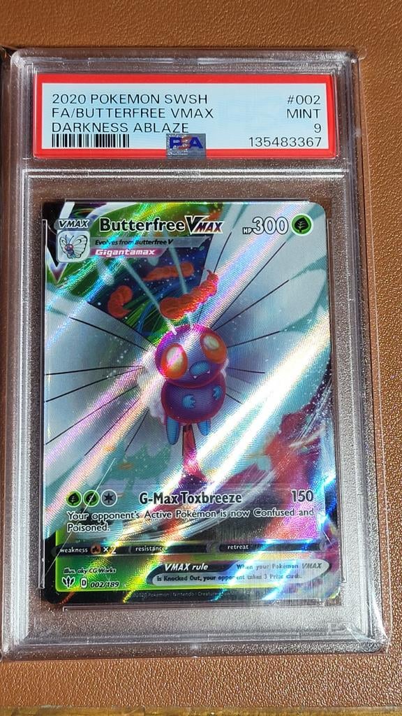 Butterfree VMAX Darkness Ablaze PSA 9 Pokemon Kaart, Ophalen of Verzenden, Zo goed als nieuw, Losse kaart