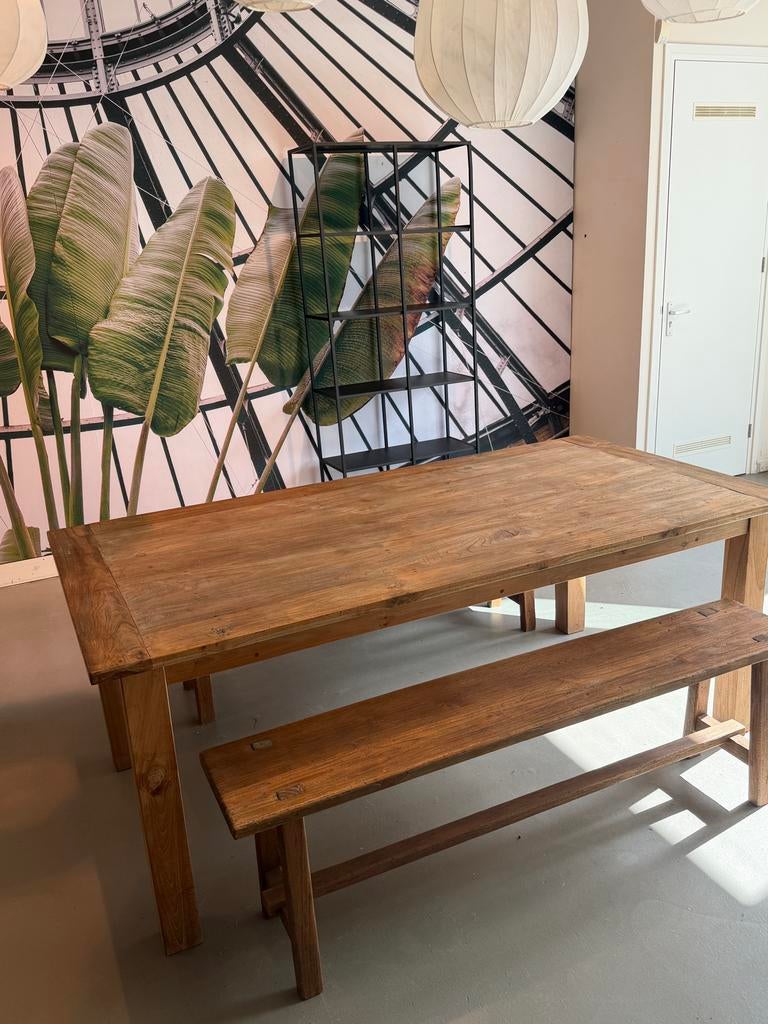 Houten eettafel met bankje, Ophalen, Gebruikt, 50 tot 100 cm, Vijf personen of meer