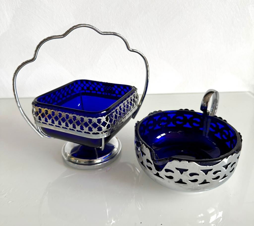Vintage Set Kobaltblauw Glas – Suikerpot & Roomkommetje, Antiek en Kunst, Ophalen of Verzenden