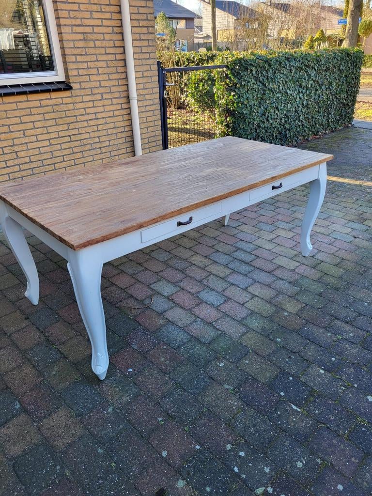 Eettafel met witte poten en lades en 6 eettafel stoelen, Huis en Inrichting, Tafels | Eettafels, Ophalen, Gebruikt, Rechthoekig