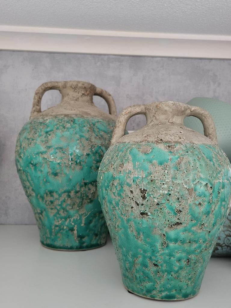 Set van 2 decoratieve vazen, turquoise en grijs, Antiek en Kunst, Ophalen of Verzenden