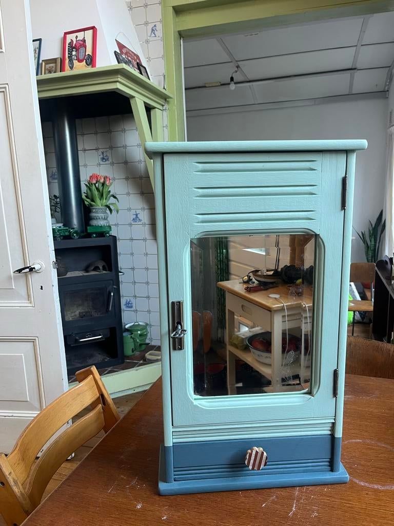 Brocante wandkastje met spiegel en lade, Ophalen of Verzenden