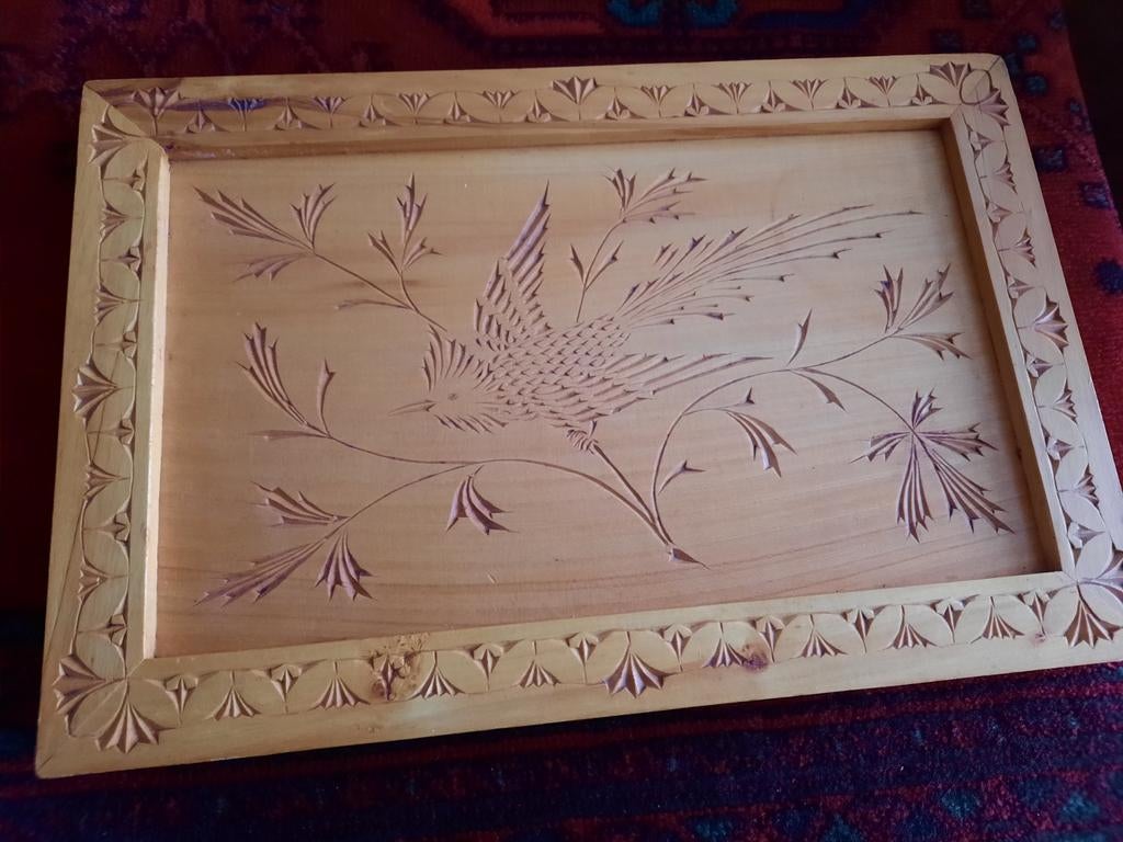 Houtsnijwerk dienblad 30 x 44 cm vintage vogel, Antiek en Kunst, Ophalen of Verzenden
