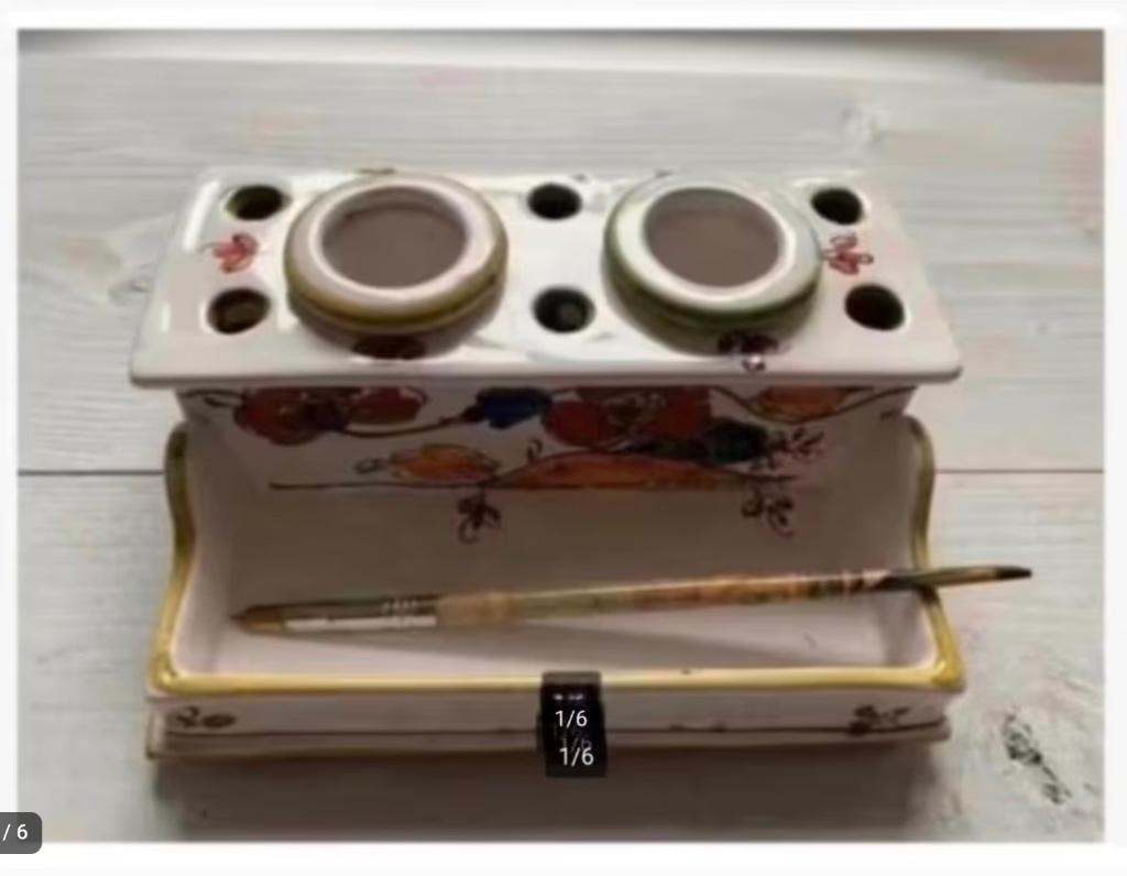 Antiek plateel / fayence inkt stel 2 potjes, bloemen, Antiek en Kunst, Ophalen of Verzenden