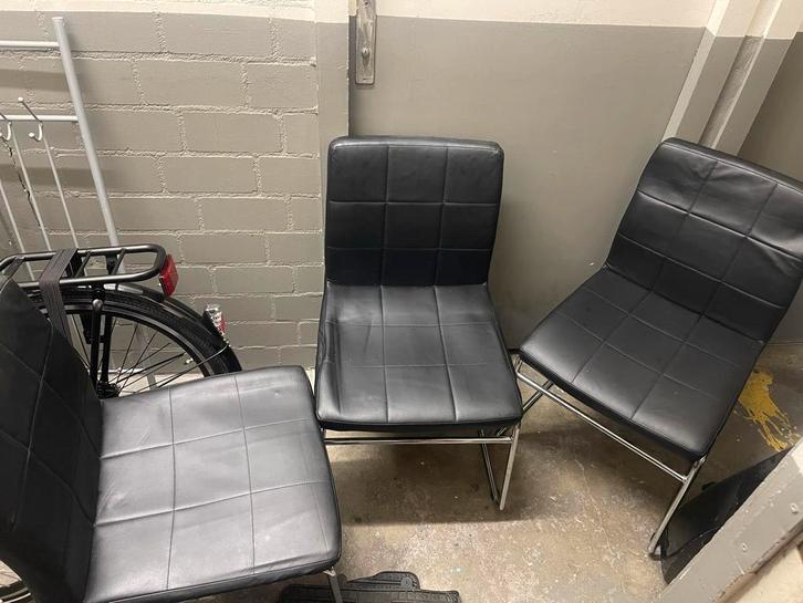 Set van 3 zwarte eetkamerstoelen van leer, Huis en Inrichting, Stoelen, Gebruikt, Drie, Leer, Zwart, Ophalen