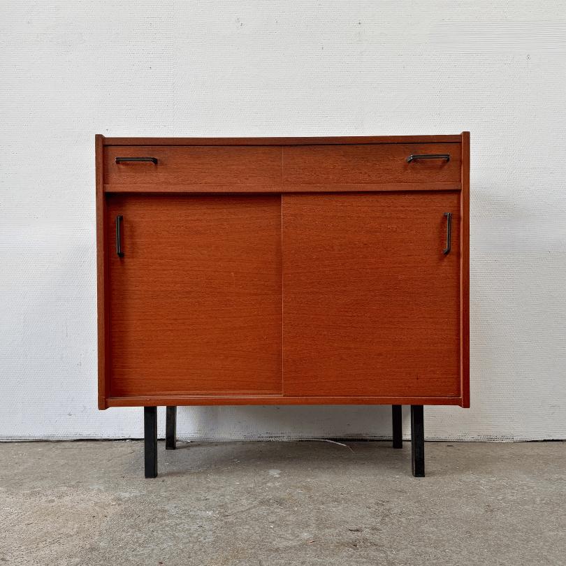 vintage schoenenkast met 2 lades en schuifdeuren, teakfineer, Huis en Inrichting, Kasten | Schoenenkasten, Ophalen, Gebruikt, Onbekend
