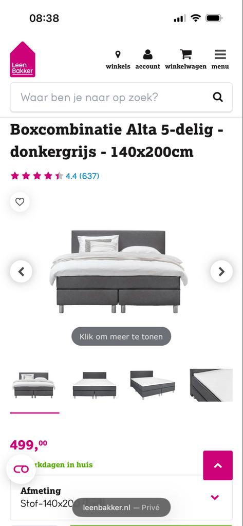 Boxspring grijs Leen Bakker 140x200cm, Ophalen, Tweepersoons, 140 cm, Zo goed als nieuw