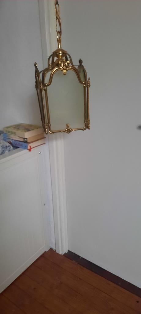 Antieke Messing Hanglamp met Geëtst Glas, Antiek en Kunst, Ophalen