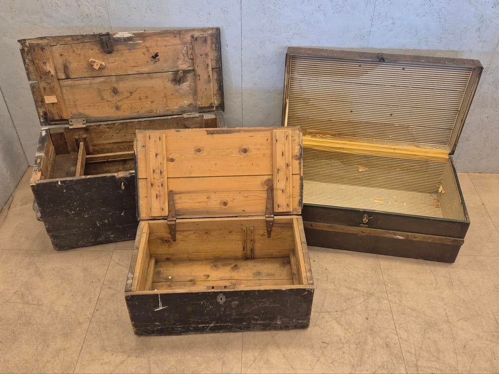 3x Oude houten kisten / vintage opbergkisten / dekenkisten, Huis en Inrichting, Woonaccessoires | Kisten, Ophalen, Minder dan 50 cm