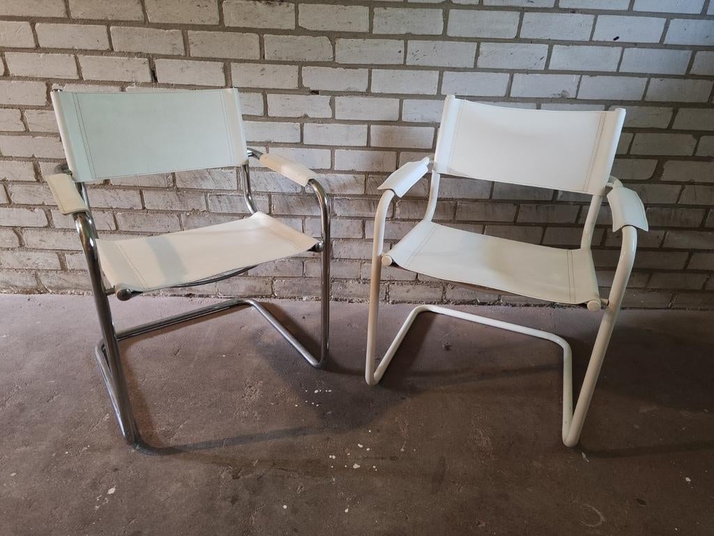 Mart Stam MG5 B34 2x vintage buizenframe stoel leren zitting, Huis en Inrichting, Stoelen, Ophalen, Gebruikt, Twee, Wit