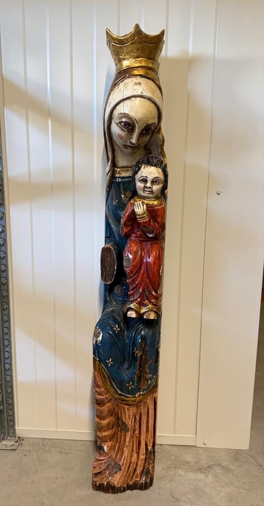 Houten Mariabeeld met kind, handgesneden en beschilderd, Antiek en Kunst, Ophalen, 50 - 100 cm, Beeld, Hout