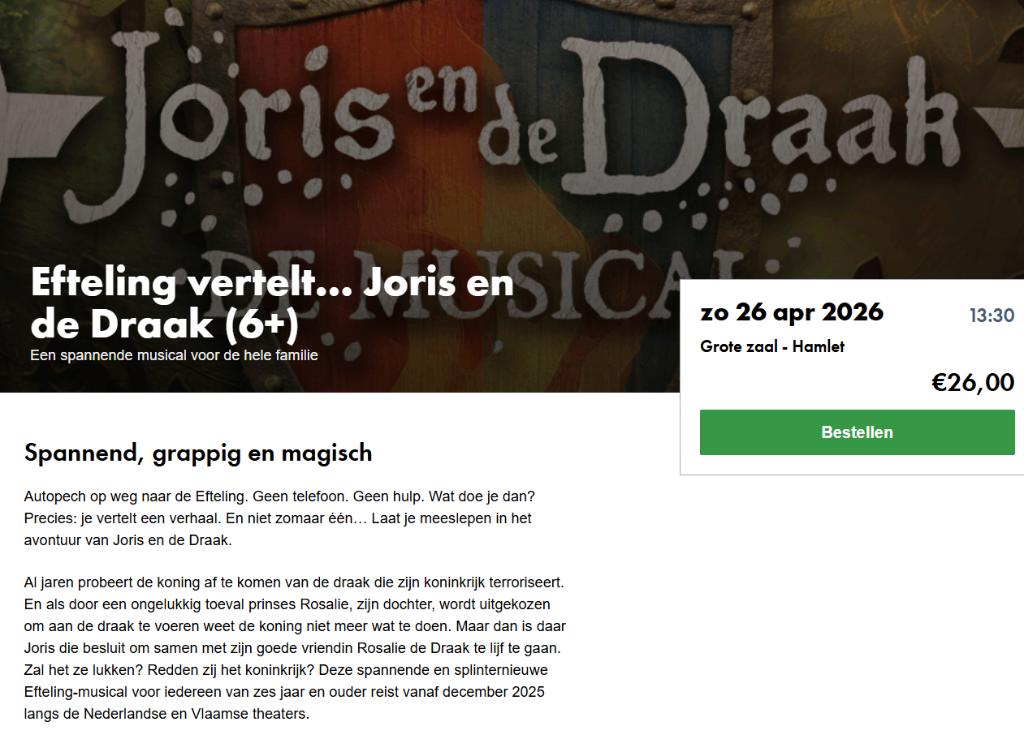 Tickets 2x: Joris en de Draak voorstelling Hoorn 26 april, Tickets en Kaartjes, Twee personen