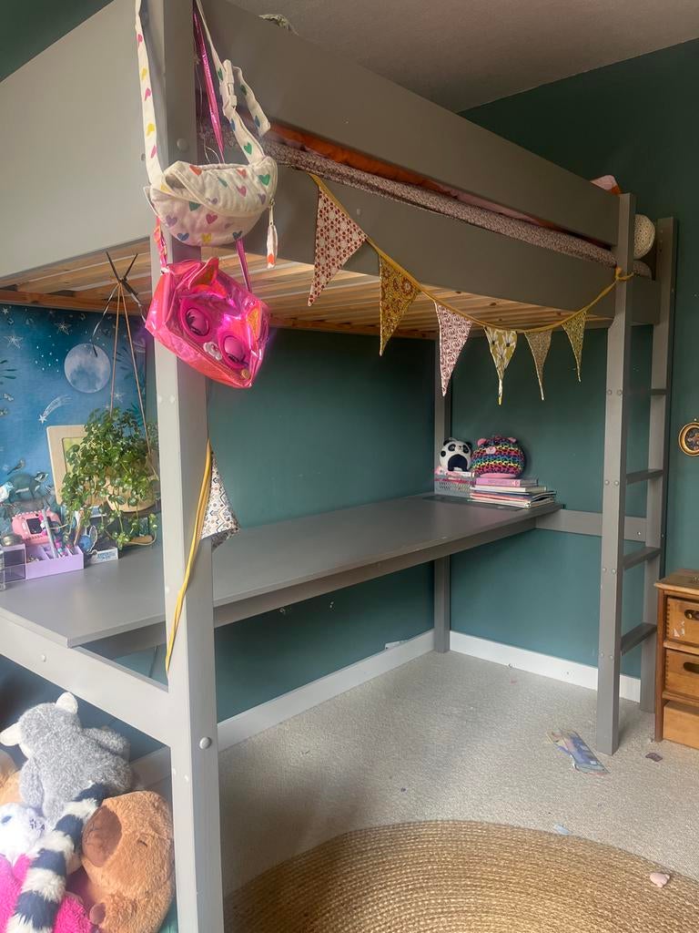 Petit amelie - Grijze hoogslaper met bureau 200x90 cm, Ophalen, Gebruikt, Hoogslaper