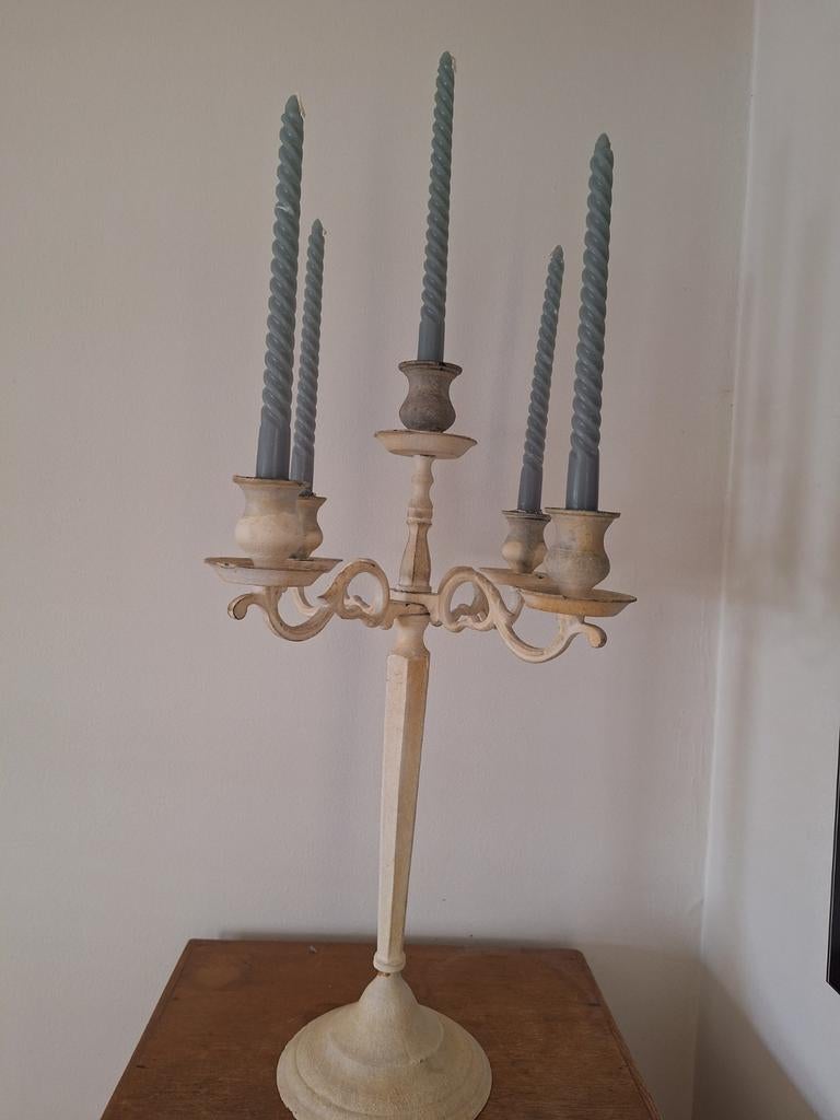 Gietijzeren 5-armige kandelaar crème wit brocante, Ophalen of Verzenden, Overige materialen