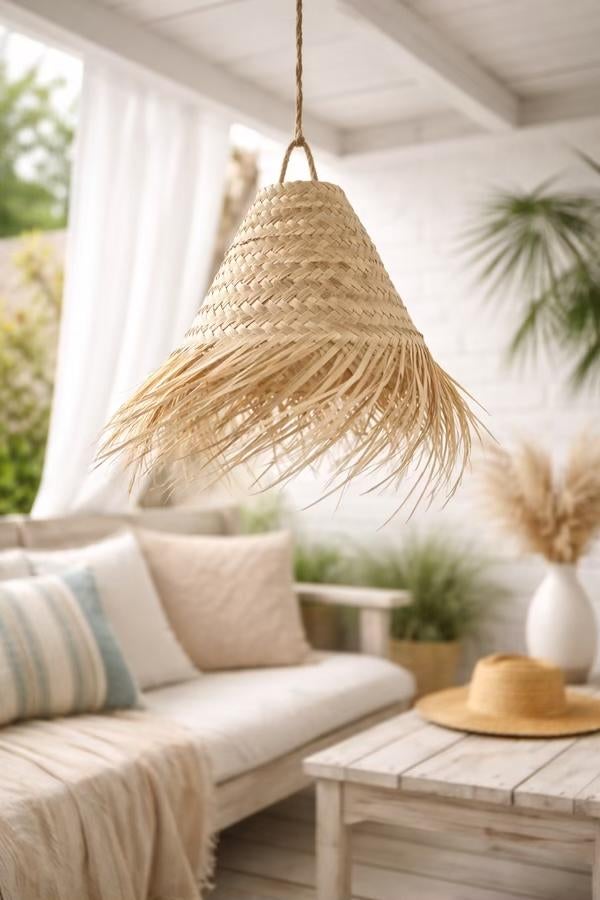 Lampenkap Sally - Ibiza stijl rieten lampenkap naturel, Huis en Inrichting, Lampen | Lampenkappen, 25 tot 50 cm, Beige, Nieuw