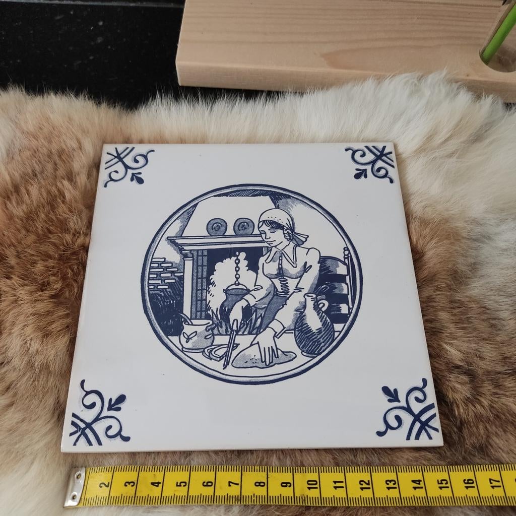 Delfts Blauw Tegel met Hollandse Keuken Scène, Antiek en Kunst, Ophalen of Verzenden