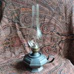 Oud tinnen olielamp glazen kap lont tin lamp, Antiek en Kunst, Ophalen of Verzenden