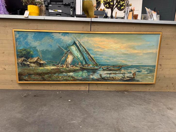 Groot Havenlandschap Schilderij - 200x75 cm, Antiek en Kunst, Kunst | Schilderijen | Klassiek, Ophalen