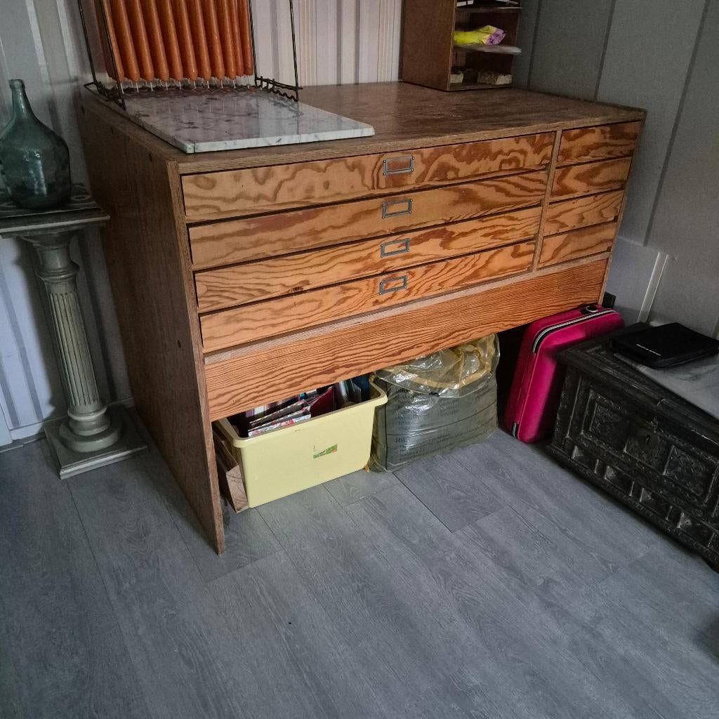 Vintage Papierkast, tekeningenkast, Ophalen, Gebruikt, 100 tot 150 cm, 5 laden of meer