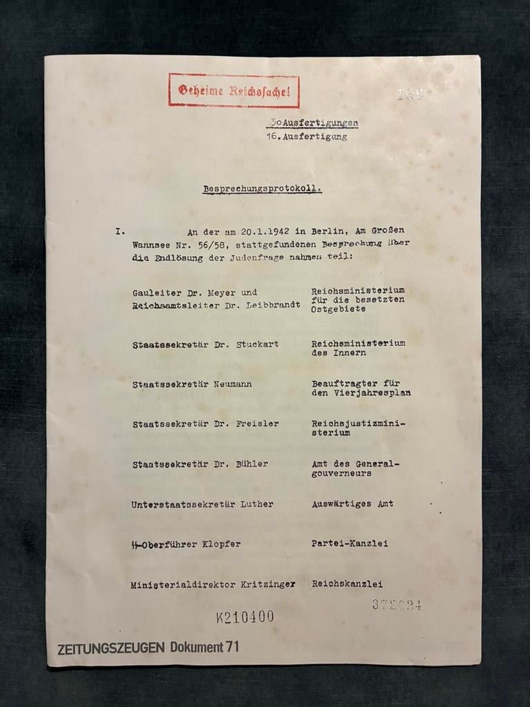 Wannsee Besprechungsprotokoll, Verzamelen, Militaria | Tweede Wereldoorlog, Ophalen of Verzenden, Overige soorten, Duitsland, Overige typen