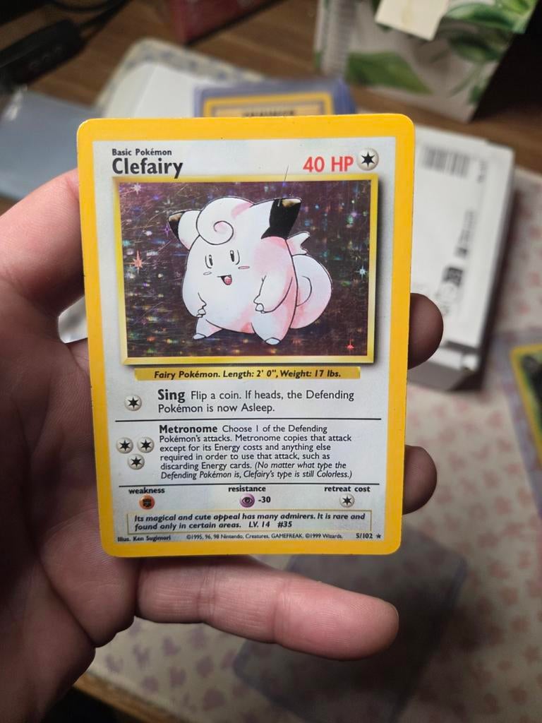 Clefairy Holo 5/102 Base set 1999 Wotc, Ophalen of Verzenden, Zo goed als nieuw, Losse kaart, Foil