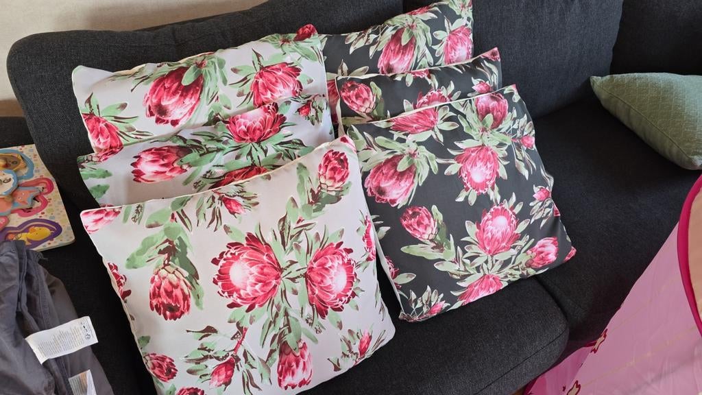 6 kussenhoezen en kussens met protea print 45x45cm, Ophalen, Vierkant