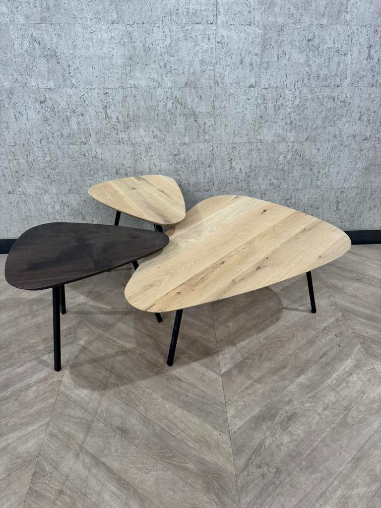 Trio setje Kiezel salontafeltjes eiken *showroom, Huis en Inrichting, Tafels | Salontafels, Eikenhout, Zo goed als nieuw, Overige vormen