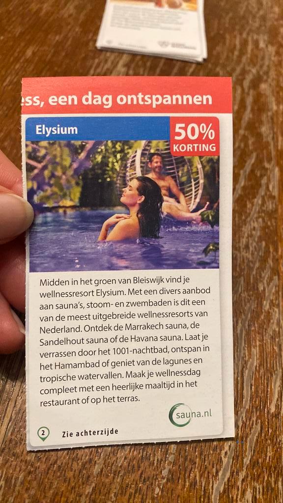 elysiun sauna koeting 50%, Tickets en Kaartjes, Kortingen en Cadeaubonnen, Spa of Sauna, Kortingsbon