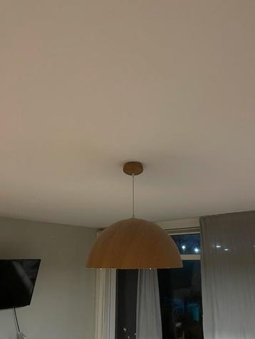 Bijzondere metalen hanglamp met houtprint in goede staat
