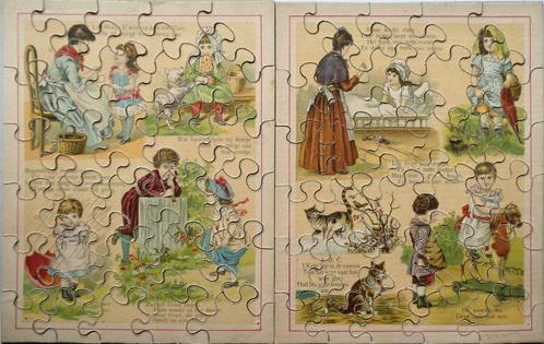 Twee dubbelzijdige puzzels ca 1900, met kinderversjes, Antiek en Kunst, Antiek | Speelgoed, Ophalen of Verzenden