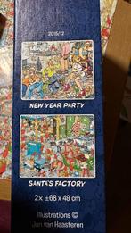 Jan van Haasteren, 2 in 1, New year party, santa's factory, Hobby en Vrije tijd, Denksport en Puzzels, Ophalen of Verzenden, 500 t/m 1500 stukjes