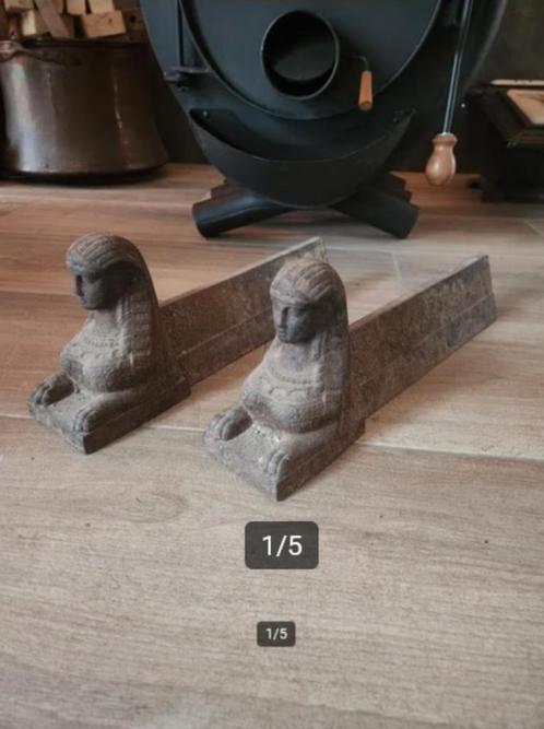 Antieke Franse haardblokken met sfinxhoofd, Antiek en Kunst, Antiek | Overige Antiek, Ophalen of Verzenden