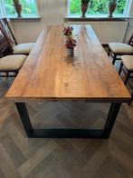 Mooie houten eettafel met metalen onderstel, Ophalen, Gebruikt, 100 tot 150 cm, 200 cm of meer