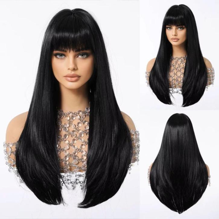 Pruik lang zwart steil haar in laagjes met pony model Onyx, Sieraden, Tassen en Uiterlijk, Uiterlijk | Haarverzorging, Nieuw, Pruik of Haarverlenging