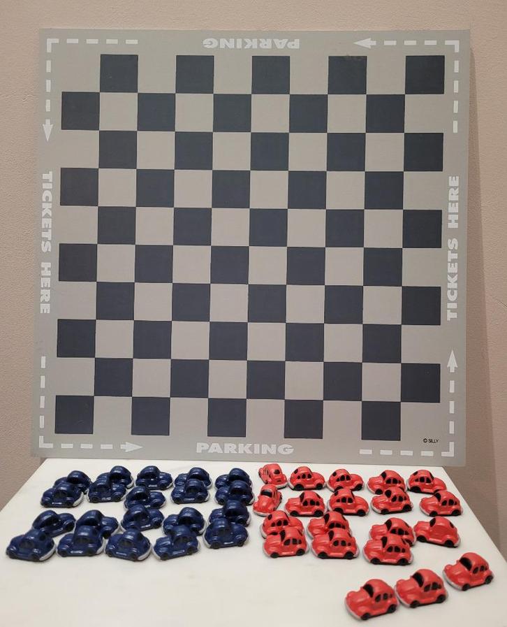 Dambord met volkswagentjes, Hobby en Vrije tijd, Gezelschapsspellen | Bordspellen, Zo goed als nieuw, Een of twee spelers, Ophalen of Verzenden